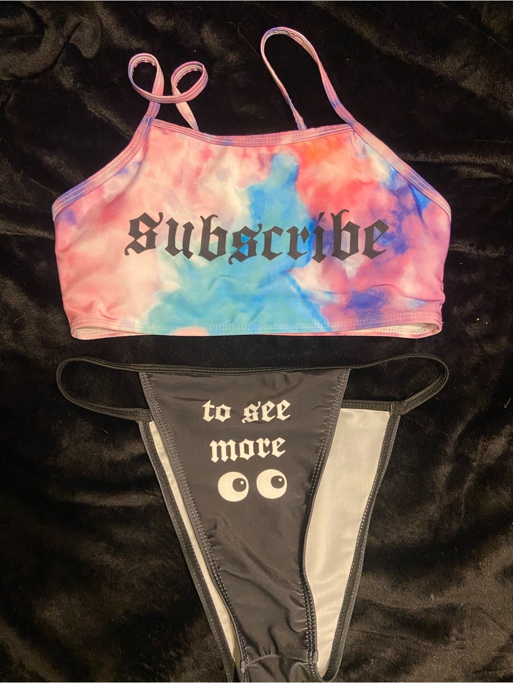 Tie-Dye 'Subscribe' Crop Bikini Top & 'to see more' Black Bikini Bottom